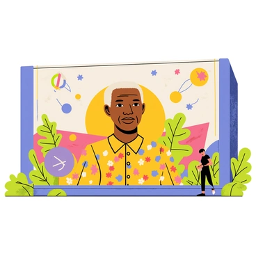 A large city wall featuring a vibrant mural of "Nelson Mandela" in the center. The mural includes a detailed portrait of Mandela with distinct facial features, wearing a bright patterned shirt. Surrounding the portrait are various colorful geometric shapes and symbols that represent peace and unity. The background of the mural showcases a gradient of colors, transitioning from warm oranges to cool blues, enhancing the overall liveliness of the artwork. Green leaves and flowers are interspersed throughout, adding a natural touch to the urban scene.