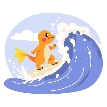 A daring Charmander with vibrant orange scales is riding on top of a large, curling ocean wave. The wave is a deep blue with white foam splashing around, reflecting sunlight. Charmander has a focused expression, balancing skillfully on a small surfboard. In the background, a bright blue sky is dotted with a few fluffy white clouds. The scene conveys a sense of excitement and adventure as water droplets shimmer in the sunlight around the surfing Charmander.