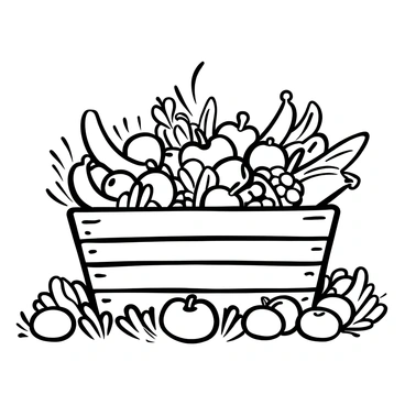 A wooden manger filled to the brim with a variety of fresh fruits and vegetables. There are vibrant apples, plump oranges, and ripe bananas intermingled with leafy greens and bright red tomatoes. The rustic texture of the wooden manger is visible, showcasing its natural grain. Surrounding the manger, scattered hay adds an earthy touch, while a few vegetables spill over the edge, emphasizing the abundance of the harvest.