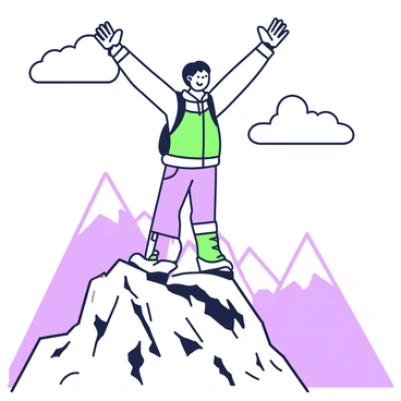 A person is standing triumphantly on a mountain peak, with arms raised high in celebration. The figure is wearing outdoor gear, including a waterproof jacket and hiking pants. The mountain peak has rugged, rocky surfaces, and the sky above is clear with a few scattered clouds. In the background, multiple distant mountains can be seen, creating a sense of elevation. The person's expression conveys joy and achievement, emphasizing the sense of victory at reaching the summit.