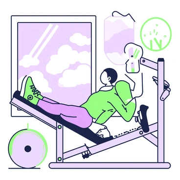 A person is seated on a leg press machine, their legs pushing against the platform. The individual is focused on their workout, wearing athletic clothing and sneakers. The leg press machine is detailed, with visible handles and a sturdy frame. In the background, there is a large window revealing a cloudy sky outside. The clouds appear fluffy and scattered, casting soft shadows across the interior space. Sunlight streams through the window, highlighting the person’s effort. The gym setting includes fitness equipment and mirrors reflecting parts of the room.