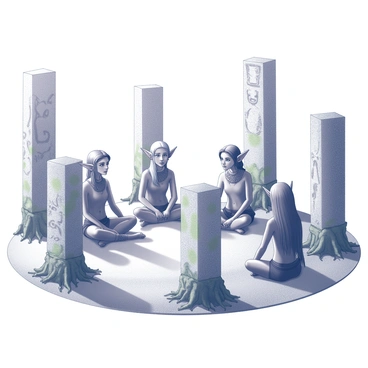 A group of elves is seated in a circle, positioned on an expanse of grass. Each elf displays pointed ears and intricate clothing adorned with natural motifs. They sit cross-legged, engaged in a serious discussion. The setting features ancient stone pillars that form a perfect circle around them, covered in moss and entwined with roots. The stones are weathered and show signs of age, with detailed carvings visible on their surfaces. Sunlight filters through the branches of nearby trees, casting dappled shadows on the ground, enhancing the mystical atmosphere of the scene.