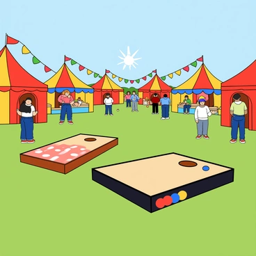 A pair of cornhole boards placed on a grassy area, painted with bright colors and fun designs. Each board has a circular hole near the top center. Surrounding the cornhole boards, there are colorful tents in various shades of red, yellow, and blue, creating a festive atmosphere. Brightly colored balloons are tied to the edges of the tents, adding to the cheerful scene. People are gathered around, some playing cornhole while others enjoy the activities at the fair. The sun is shining brightly, casting cheerful light over the entire fairground.