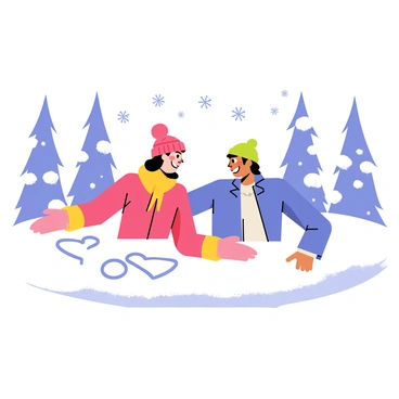 A couple lying in a fresh layer of white snow, creating snow angels with their arms spread wide. The snow is fluffy and glistening under a bright blue sky. The couple is bundled up in colorful winter clothing; the woman wearing a red coat and a knitted pink hat, while the man is dressed in a blue jacket and a green beanie. Snow-covered pine trees surround them, and soft snowflakes gently fall from the sky. Their joyful expressions convey happiness as they admire their snow angels.