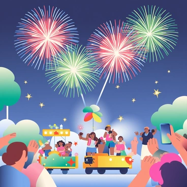 A dazzling fireworks display is exploding in a variety of bright colors in the night sky. The bursts of light create patterns of red, blue, green, and gold, illuminating the surroundings. Below, a parade is concluding with people cheering and waving. Colorful floats are visible in the foreground, adorned with vibrant decorations and festive lights. The spectators are dressed in summer clothes, some holding sparklers, while others are capturing the moment on their smartphones. The atmosphere is filled with excitement and joy as the finale of the event captivates everyone present.