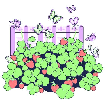 A garden filled with rows of strawberry plants is visible. Each plant is laden with ripe red strawberries and bright green leaves. In the air, several butterflies are fluttering around. The butterflies have delicate wings with intricate patterns. Some are hovering above the strawberry plants, while others are resting on the leaves. The sunlight casts gentle shadows across the garden, enhancing the vibrant colors of the strawberries and the butterflies. In the background, a wooden garden fence is partially visible, adding to the garden atmosphere.