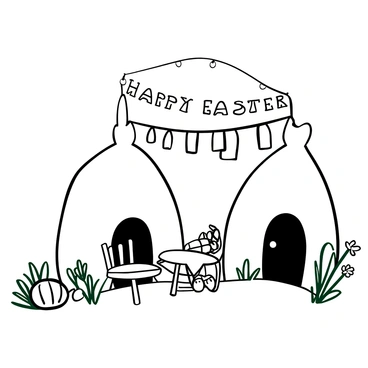 A cozy rabbit burrow with soft, rounded walls made of earth, adorned with "Happy Easter" banners hanging from the ceiling. Small, whimsical furniture pieces such as tiny chairs and a small table set for a feast are scattered throughout. Colorful Easter eggs are placed carefully on the table and around the burrow, with gentle, glowing festive lights draped above, casting a warm ambiance. Portions of green grass and wildflowers peek inside, adding natural elements to the festive scene.