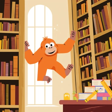 The orangutan librarian swinging through the stacks of an immense, ancient library