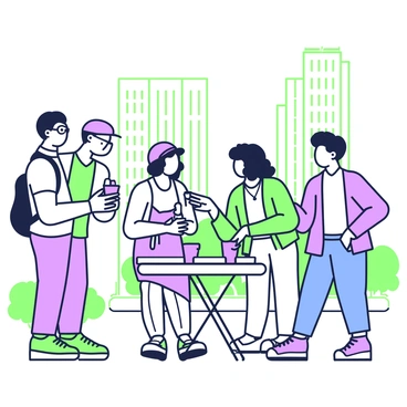 A group of five city dwellers is engaged in a lively discussion on a bustling sidewalk. They are standing around a small café table, where coffee cups are placed in front of each person. One man with glasses is animatedly speaking, gesturing with his hands, while a woman next to him listens intently, leaning slightly forward. Another man with a backpack is taking notes in a small notebook, while a woman with curly hair raises an eyebrow, contributing her thoughts. The fifth person, wearing a cap, is looking at a smartphone, possibly checking references related to the discussion. Surrounding them are tall buildings and greenery in the background, indicating an urban environment.