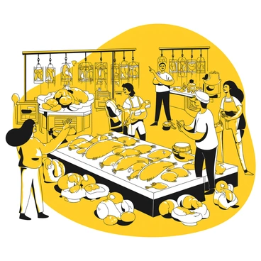 A busy local fish market with fresh seafood and lively vendors