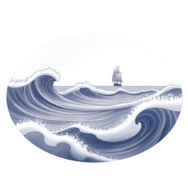 A seascape featuring dynamic waves crashing against each other. The water displays intricate patterns reminiscent of art nouveau, with swirling and flowing forms. In the distance, there is a ship on the horizon, its sails catching the wind. The sky above is expansive, complementing the rolling waves and the serene composition of the scene.