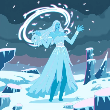 A powerful sorceress with icy blue skin and long, flowing hair that resembles frost is standing in a dynamic pose. She wears an elaborate, shimmering gown made of ice and snowflakes that glistens in the cold light. Her arms are raised as she conjures a swirling blizzard above her. Snowflakes and ice crystals are swirling around her fingertips, capturing the energy of the storm. Below her, a frozen, barren landscape stretches out, covered in thick layers of snow and scattered ice formations. Jagged, frost-covered rocks and desolate trees add to the harsh atmosphere of the scene. The sky above is dark and tumultuous, filled with swirling clouds and falling snow.
