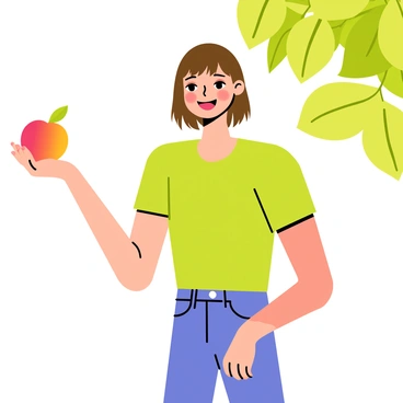 A person with medium-length brown hair is standing outdoors, holding a ripe peach in their right hand. The peach has a vibrant orange and red hue, showcasing its freshness. The person is smiling, with their mouth slightly open as if preparing to take a bite. They are wearing a casual green t-shirt and blue jeans. In the background, there are green leaves from a tree, indicating a sunny day. The sunlight casts a warm glow, enhancing the colors of the peach and the person's expression.