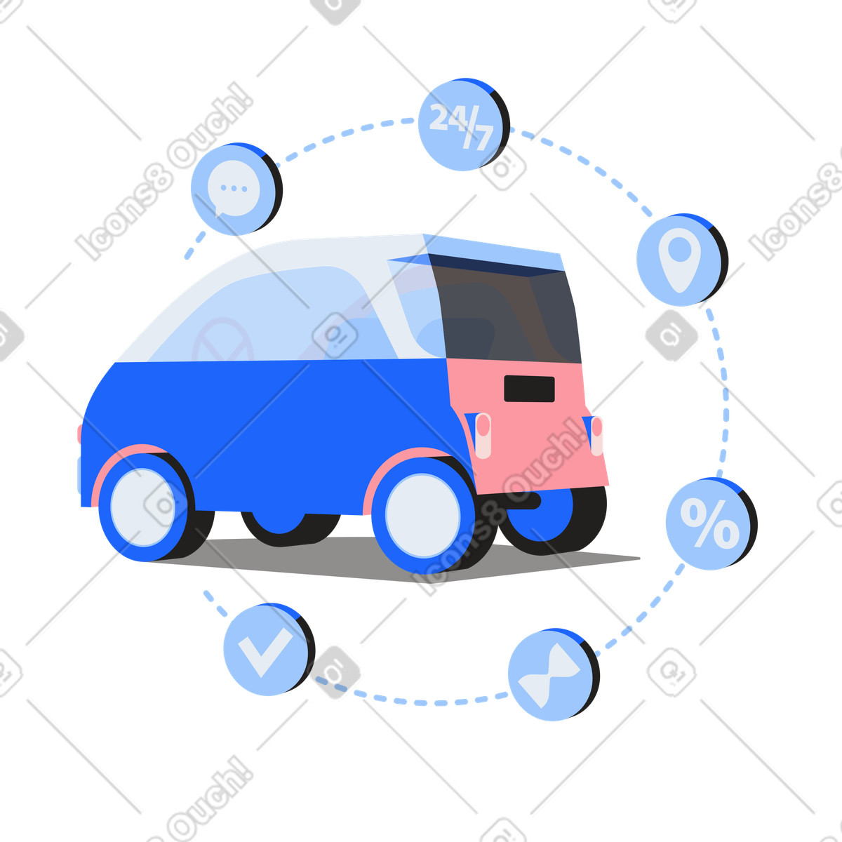 Ilustración animada Delivery car surrounded by logistics icons, Express and status tracking en estilo Editorial a descargar en GIF, Lottie (JSON), AE