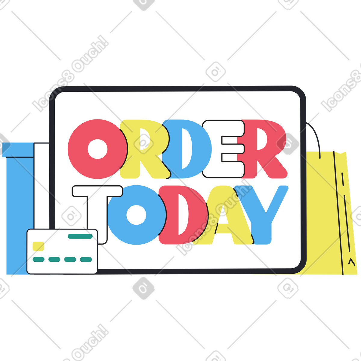 Boba スタイルの Colorful order today message with payment card, Quick checkout or instant online purchase のイラストをPNG、SVG形式でダウンロード