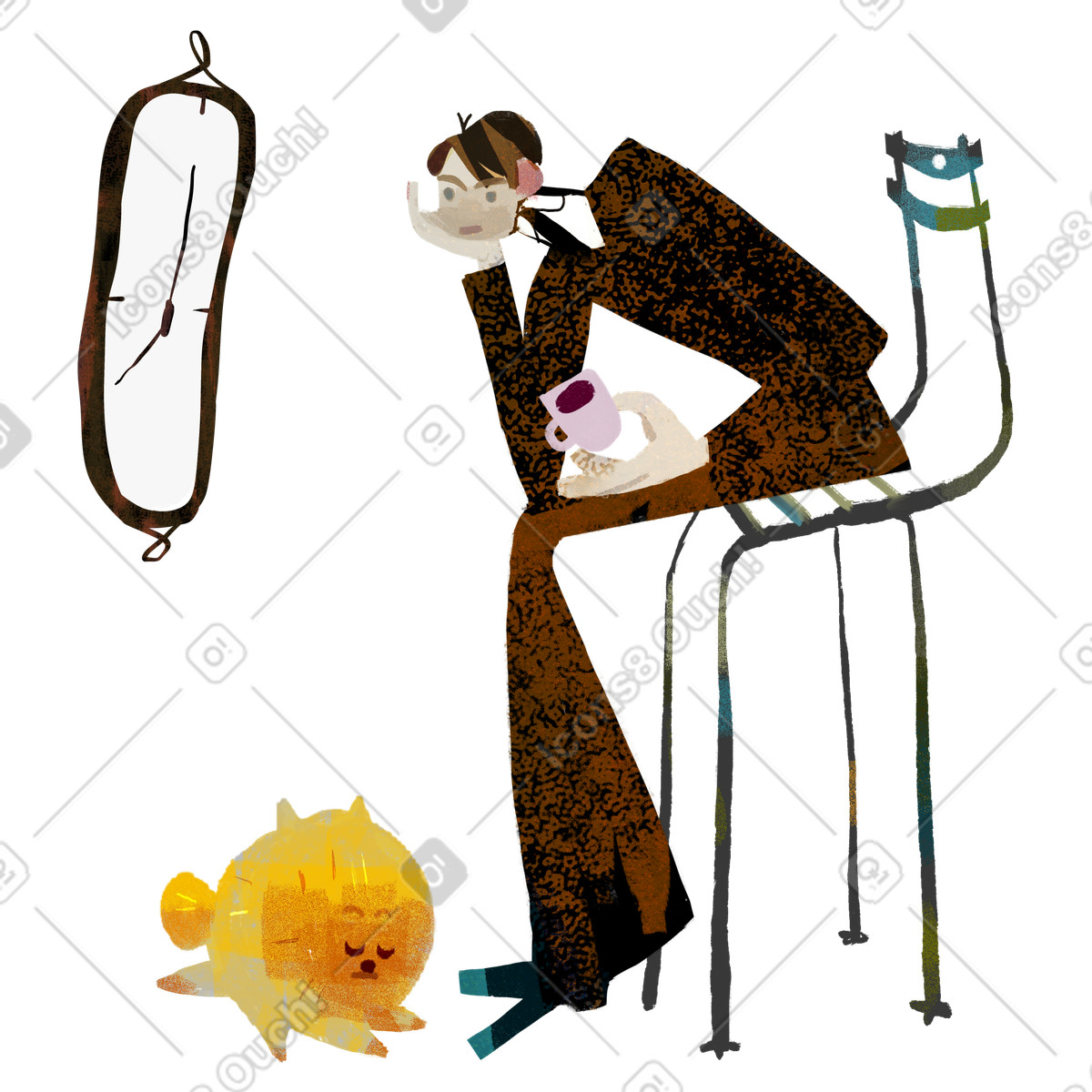 Ilustración Hombre con perro esperando cerca del reloj en estilo Fabulous a descargar en PNG y SVG