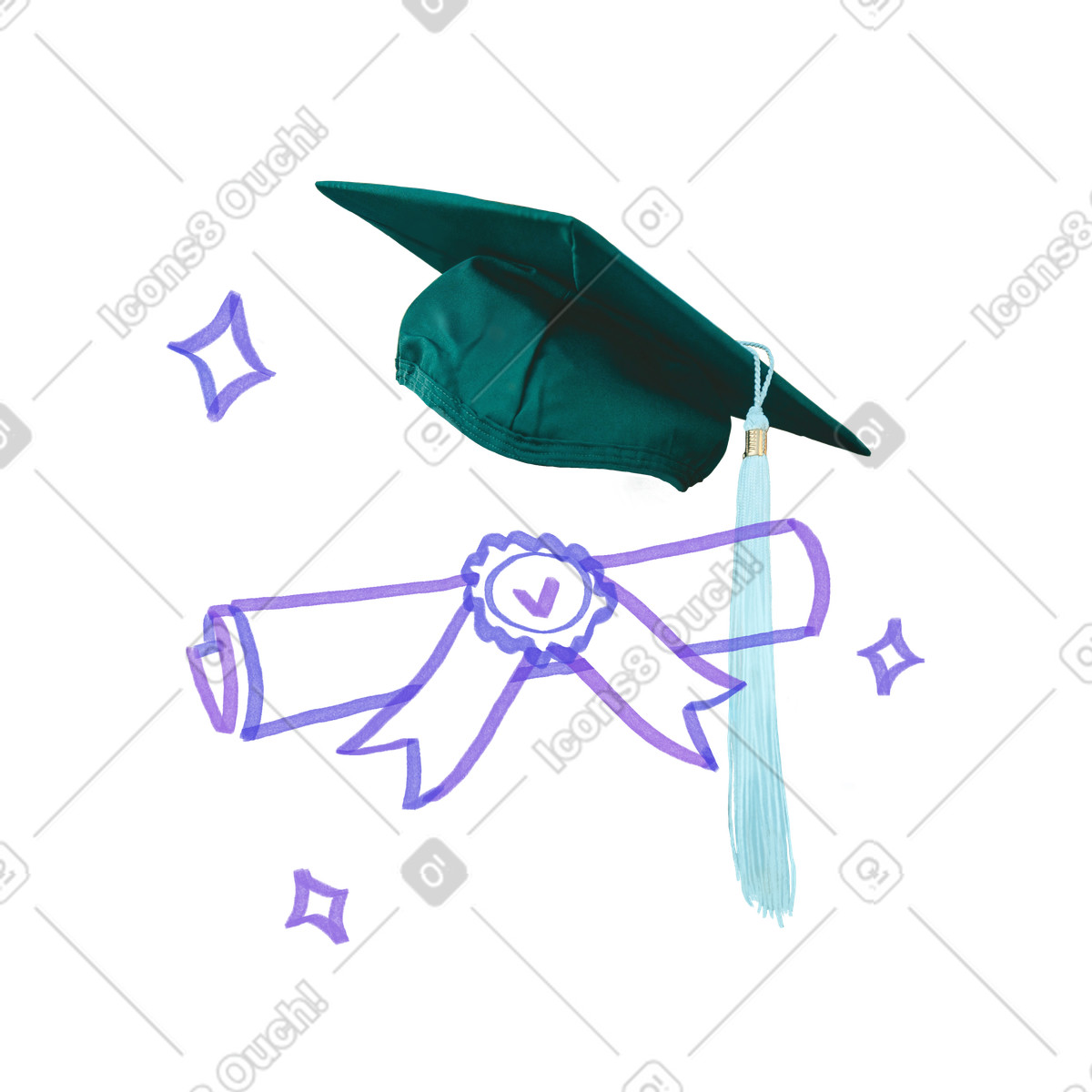 Graduation cap and diploma certificate illustration in Marker style download in PNG, SVG