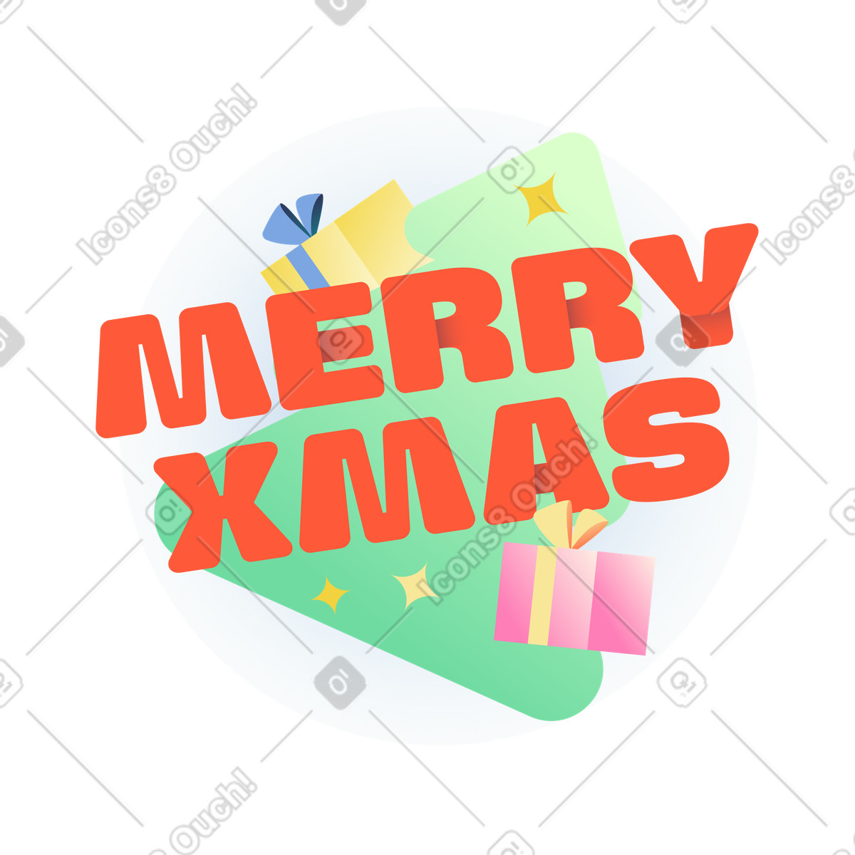 Lettering Merry Xmas with gift boxes and christmas tree text illustration in Beam style download in PNG, SVG