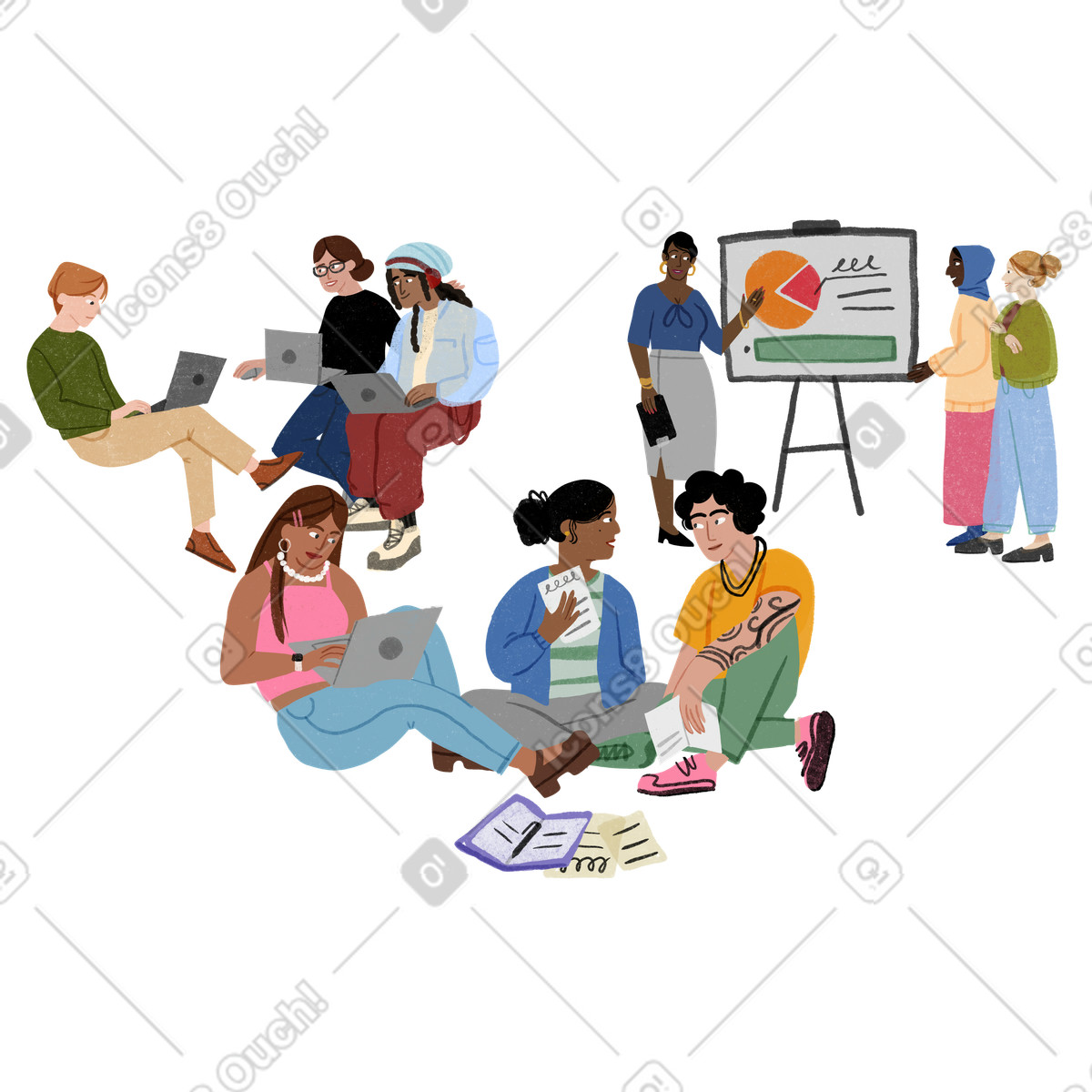 Young people studying in groups illustration university vector clipart images PNG, SVG