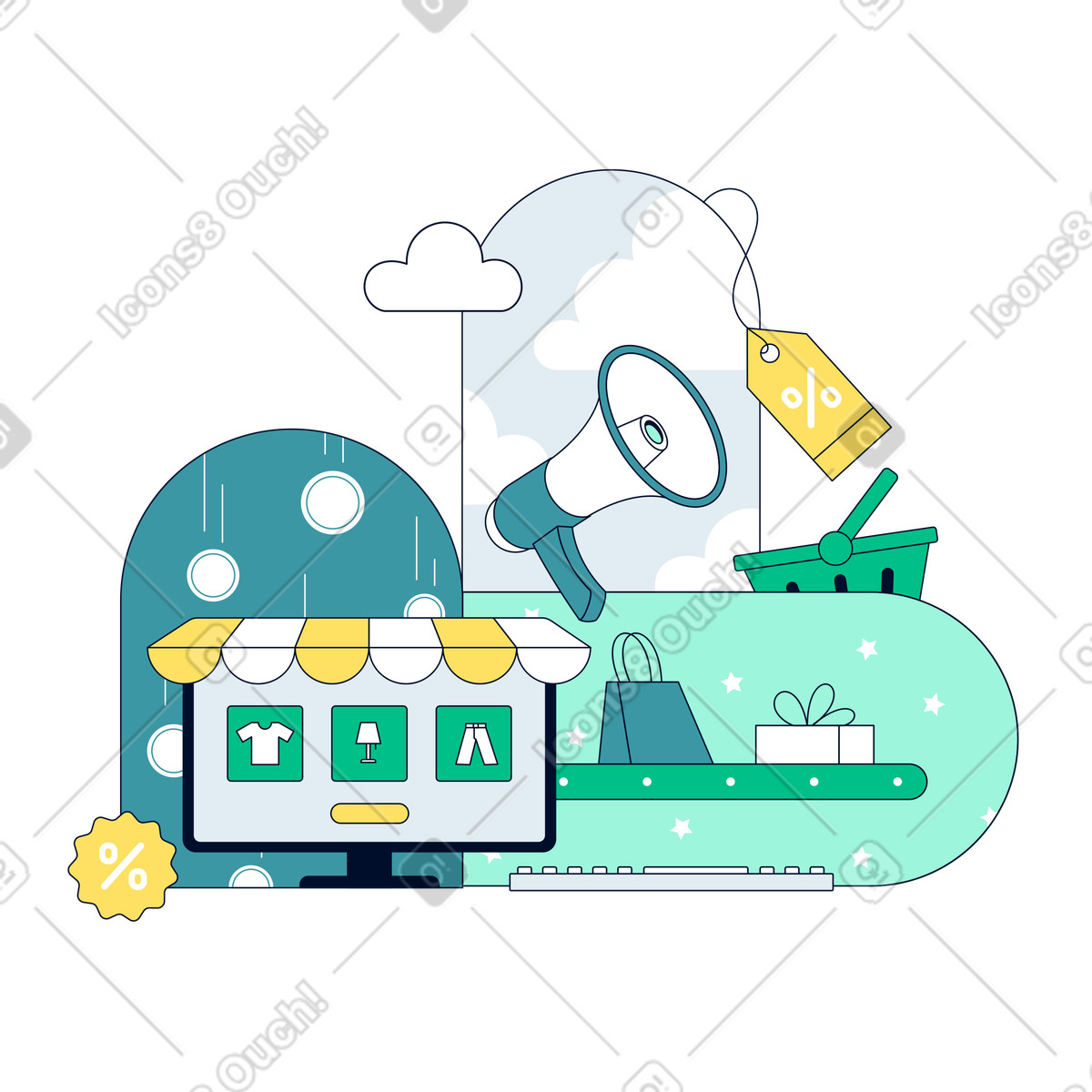 E-commerce website with megaphone and shopping cart, Online retail marketing illustration in Teal style download in PNG, SVG