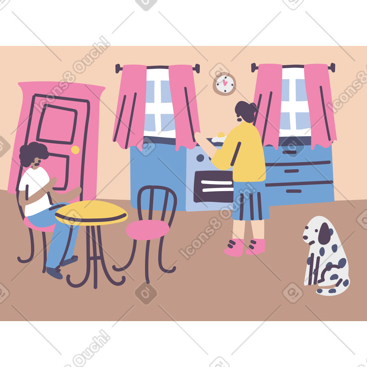 Ilustración Gente cocinando en la cocina y perro sentado el suelo. estilo Pluto a descargar PNG SVG