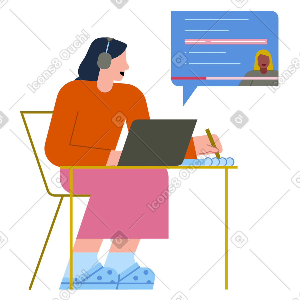 在家进行在线学习，电子学习环境，与同事进行虚拟会议插图，PNG、SVG格式