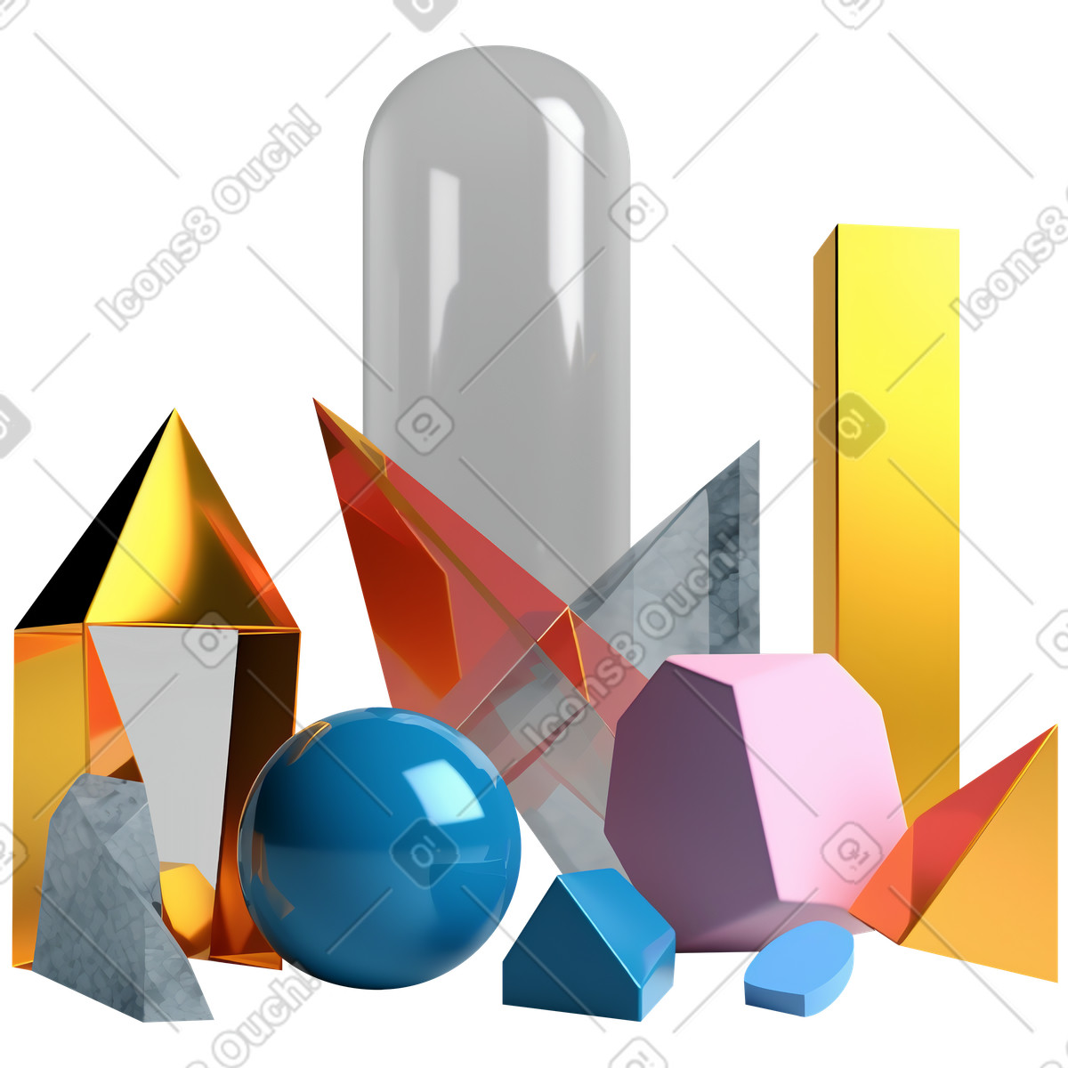 Abstrakte farbenfrohe skulptur mit glasformen-Illustration im 3D Construction-Stil als Download in PNG, SVG