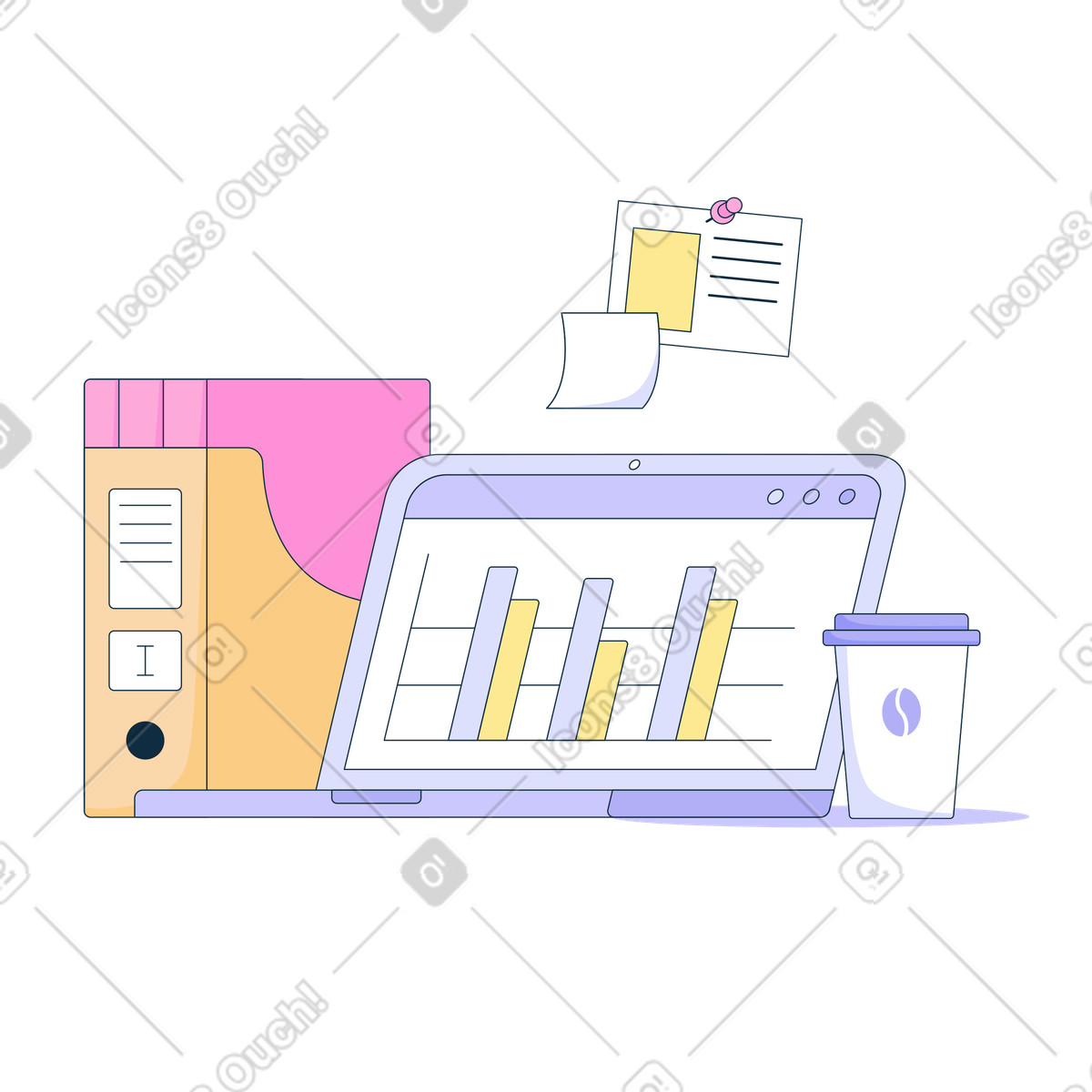 Office workplace with laptop and coffee illustration in PNG, SVG