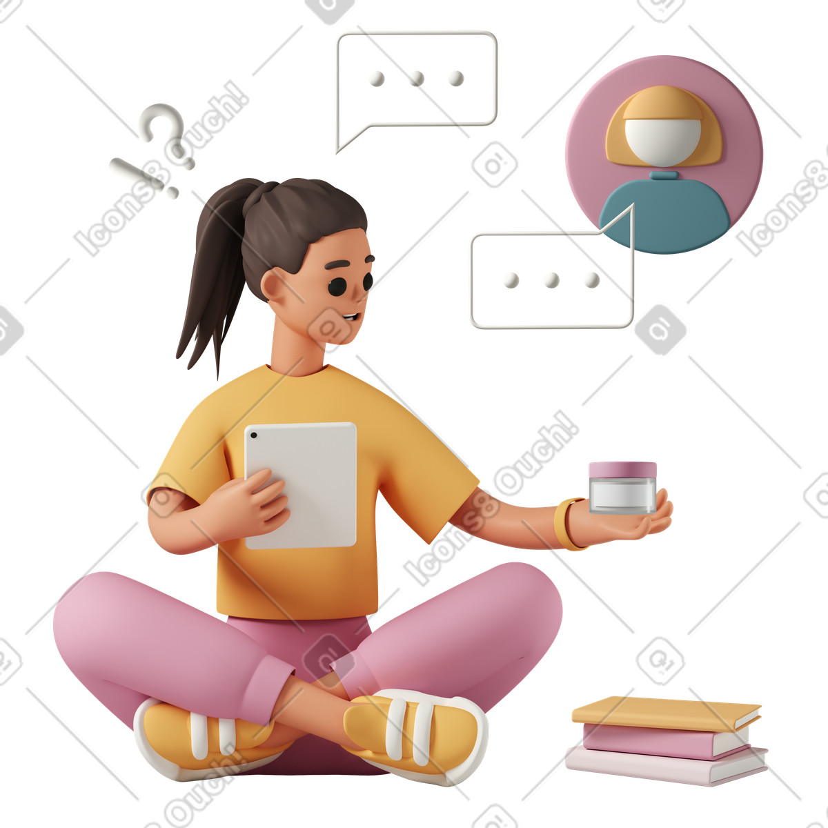 3D Casual life スタイルの オンライン コンサルタントとチャットする女性 のイラストをPNG、SVG形式でダウンロード
