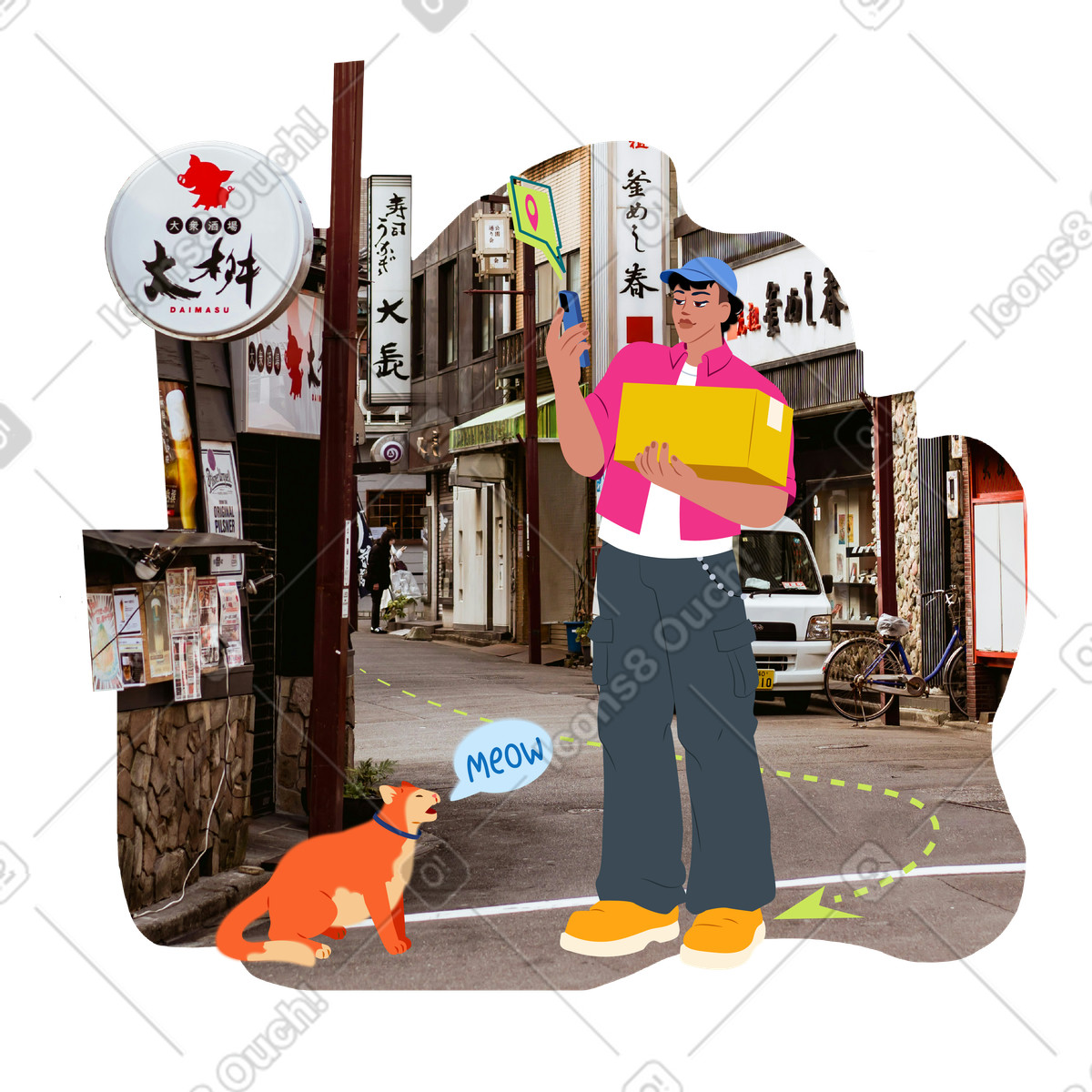 Ilustración animada Male courier delivering an order en estilo Everyday a descargar en GIF, Lottie (JSON), AE