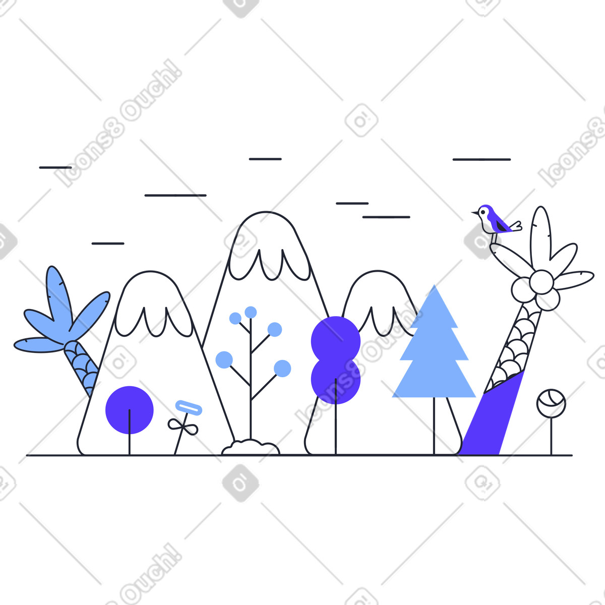 Pablita スタイルの 山と木々の風景 のイラストをPNG、SVG形式でダウンロード