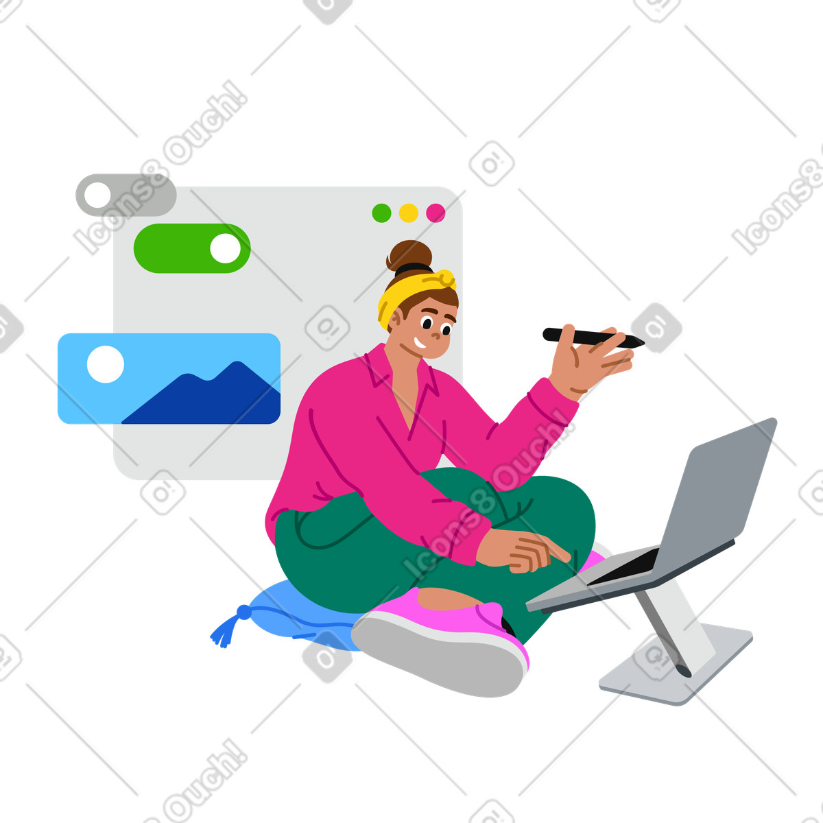 Illustration animée Femme travaillant sur la mise en page du site web dans le style Active à télécharger aux formats GIF, Lottie (JSON), AE