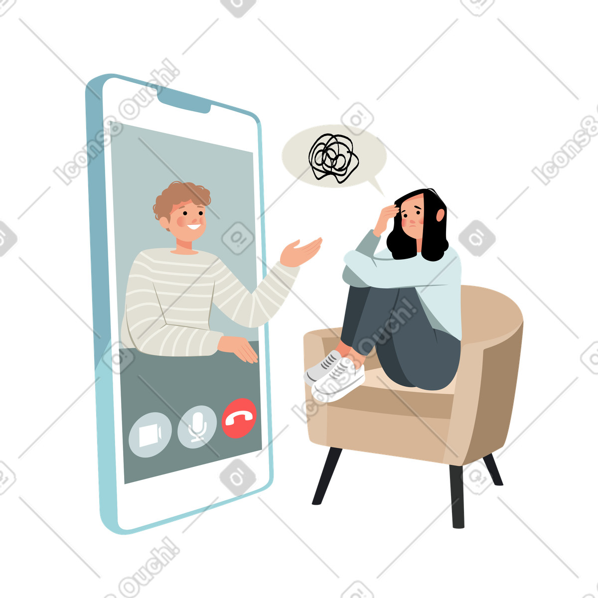 Ilustración Chica en sesión online de psicóloga estilo Lagom a descargar PNG y SVG