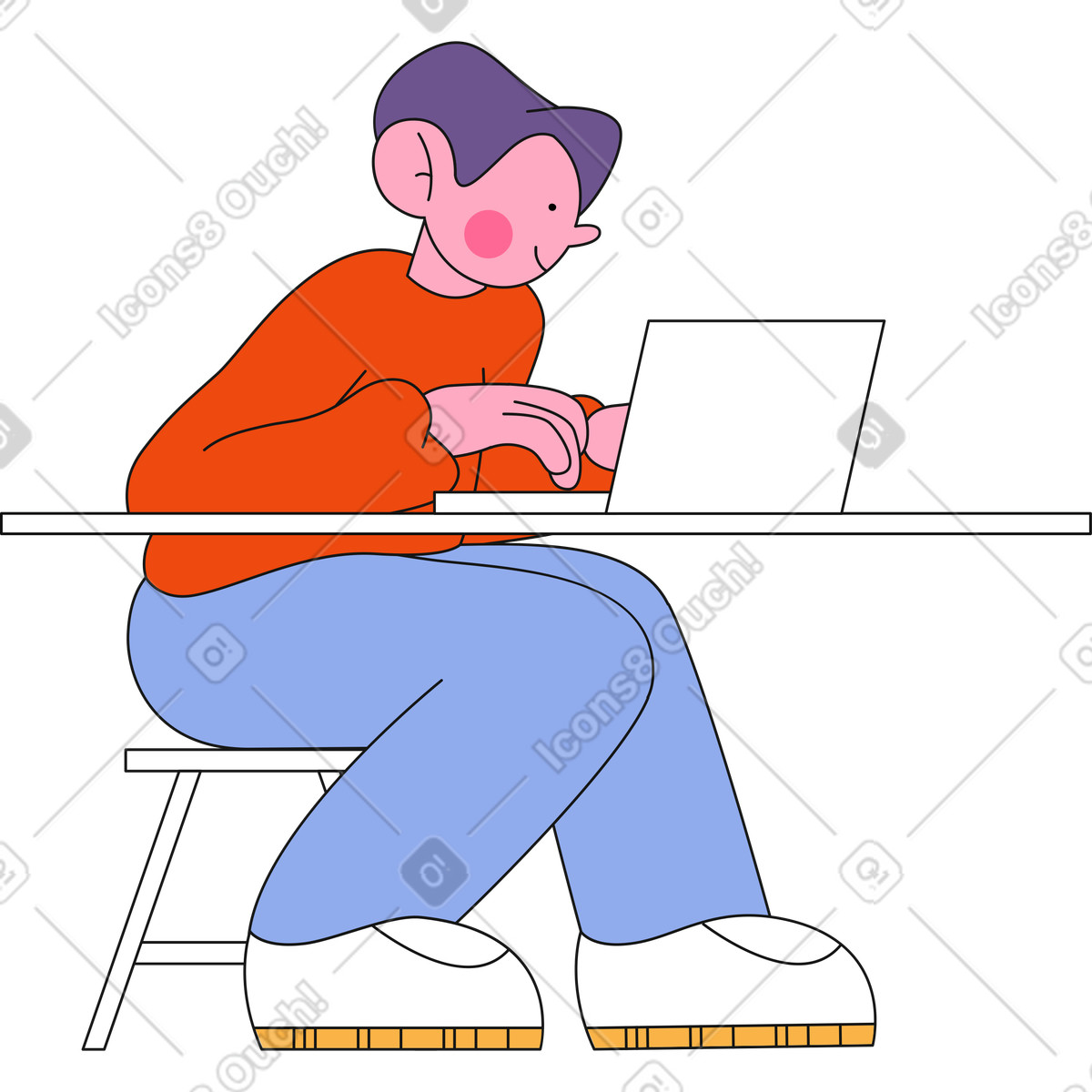 Mann tippt auf laptop animierte Illustration im Bloom-Stil als Download in GIF, Lottie (JSON), AE
