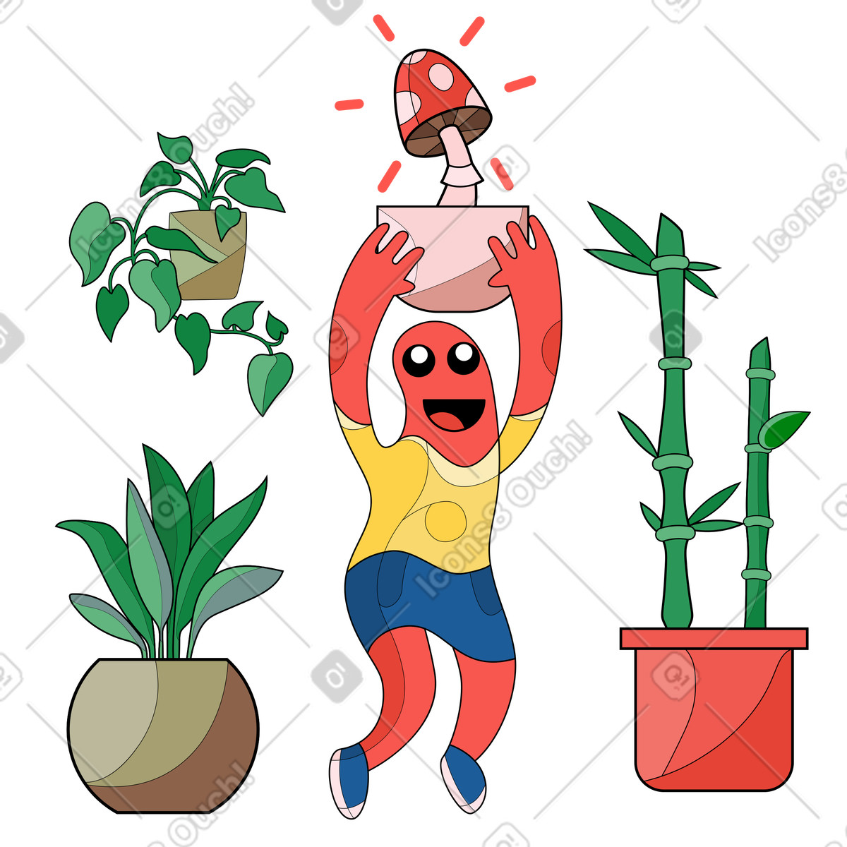 Ilustração de Personagem feliz com nova planta em no estilo Surr para baixar em PNG, SVG