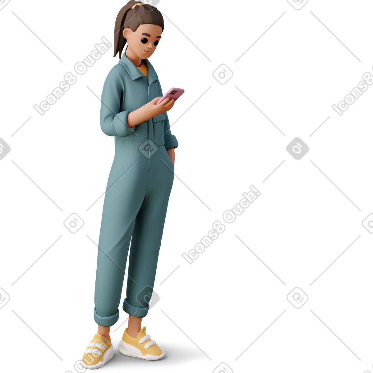 下载 3D Casual life 风格的 Young woman in the worker jumpsuit looking at smartphone 插画，支持 PNG、SVG 格式