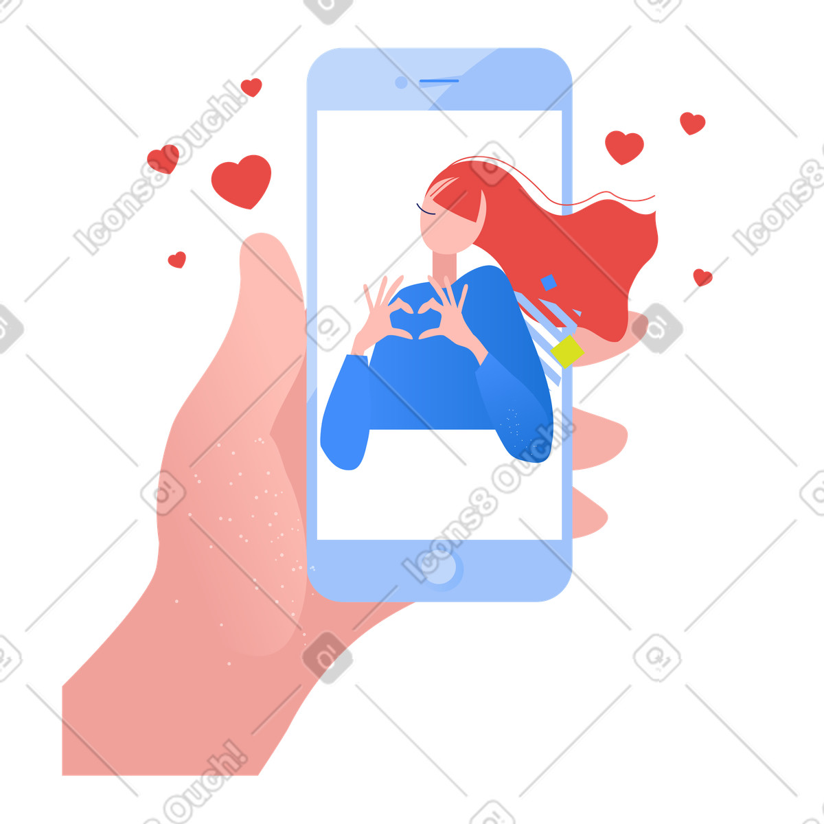 Hand holding phone with partner making heart gesture, Long-distance relationship illustrazione in stile Clip scarica in PNG, SVG