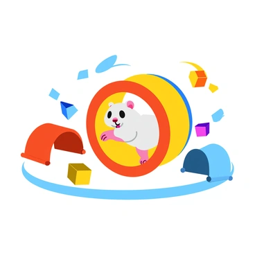 A cheerful hamster with soft, fluffy fur is running energetically inside a bright, colorful hamster wheel. The wheel features various vibrant colors, including red, blue, and yellow, creating a lively atmosphere. The hamster's tiny paws are in motion, and its eyes sparkle with excitement. In the background, there are scattered toys such as a small plastic tunnel and a few colorful blocks, enhancing the playful environment.