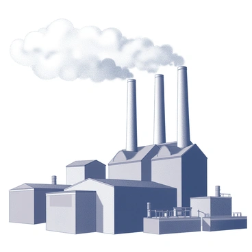 A factory with multiple large chimneys is depicted prominently in the image. The chimneys are releasing thick plumes of smoke into the atmosphere. Surrounding the factory, there are various industrial structures and equipment, emphasizing its function as a manufacturing facility. The sky above is filled with swirling clouds, some of which are darker due to the emissions. In the foreground, there are sections of the factory's wall that showcase a rough texture, indicating wear and usage from its operations.