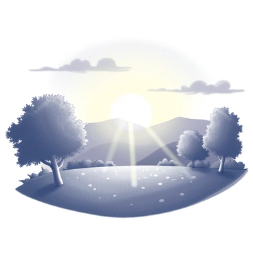 A landscape under a sunrise, with the early light illuminating the scene. The ground appears wet, indicating recent rainfall, with glistening droplets on the grass and leaves. The sky is filled with soft gradients, with clouds softly illuminated by the sun's rays. In the foreground, a silhouette of trees stands against the brightening sky, while rolling hills stretch into the distance, adding depth to the composition. The overall atmosphere appears tranquil and fresh.