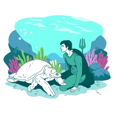 A teal Aquaman is kneeling beside a large white sea turtle on a coral reef. The turtle, with its wrinkled skin and wise, expressive eyes, is looking up at Aquaman. Surrounding them, colorful coral formations provide a vibrant backdrop. Sunlight filters through the water, creating dappled patterns on the sandy ocean floor. Aquaman's trident is resting against his shoulder as he listens intently to the turtle's advice. Bubbles gently rise around them, adding to the aquatic scene.