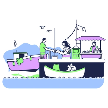 A seaside dock is visible, extending into calm waters. Small fishing boats are moored alongside the dock, their colorful hulls reflecting in the water. Several local vendors are present, with a stall selling fresh seafood and another offering handmade crafts. The vendors are engaged with customers, exchanging goods. In the background, gentle waves lap against the sides of the dock, and seagulls can be seen flying overhead. A few fishing nets are draped over the sides of the boats, and there are crates filled with freshly caught fish.