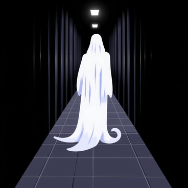 A translucent ghostly figure with flowing white robes stands at the end of a dark hallway. The figure has soft, glowing edges that blend into the surrounding shadows. The hallway is long and narrow, with wood paneling on the walls, dimly lit by flickering overhead lights. The floor is lined with dark tiles that reflect the ghostly light. At the far end, the ghostly figure gazes down the hallway, creating an eerie atmosphere. Wisps of mist curl around the figure's feet, adding to the haunting effect.
