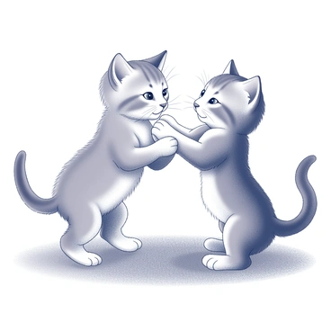 Two kittens are engaged in a playful wrestling match. One kitten stands on its hind legs, with its front paws raised, while the other kitten is on its back, attempting to nudge its opponent with its paws. Their tails are raised high, showing excitement. The background features a soft, textured surface, suggesting a cozy indoor environment. Both kittens have bright, alert eyes, and their ears are perked up, capturing the moment's energy and playful nature.