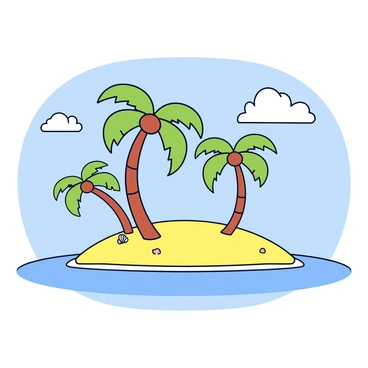 A tropical island featuring several tall palm trees with green fronds swaying gently. The island has soft, golden sandy shores that meet the clear, turquoise waters. In the foreground, a small beach with a few scattered seashells adds detail to the scene. The sky above is bright blue with a few fluffy white clouds.