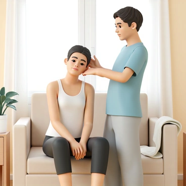 A caring family member, wearing a light blue T-shirt and gray sweatpants, is gently helping another person stretch their neck. The person receiving assistance is sitting on a comfortable beige sofa, wearing a white tank top and black leggings. The living room features a warm color palette, with soft natural light coming through a window adorned with sheer white curtains. There is a potted plant on a wooden side table next to the sofa, and a cozy throw blanket is draped over the back of the couch. The family member's hands are positioned on the other person's shoulders, guiding them in a gentle neck stretch, while both individuals have expressions of focus and relaxation.