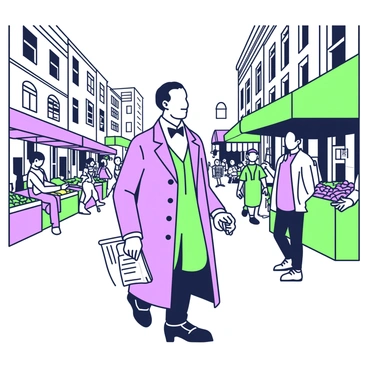 Frederick Douglass is walking through a bustling 19th-century market street. He is dressed in a stylish long coat with a high collar and a bow tie. In his right hand, he holds a folded newspaper. The street is filled with vendors selling various goods, including fruits and vegetables displayed on wooden stalls. People of different backgrounds are engaging in conversation, with some browsing items and others making purchases. Brightly colored awnings provide shade over the market stalls. In the background, a group of children is playing, and a horse-drawn carriage is passing by. The scene captures the lively atmosphere of the market, with various textures and details of the 19th-century architecture visible on the surrounding buildings.