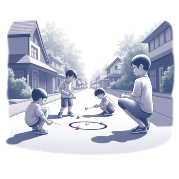 A group of children is gathered in a kampung street, engaged in playing the traditional game of "guli." The children are diverse, featuring boys and girls of various ages. They are focused on a small circle drawn on the ground, where marbles are placed. One child is crouching down, aiming carefully to shoot a marble while others watch eagerly. The scene is illuminated by sunlight, casting long shadows on the ground. Traditional houses with wooden structures and thatched roofs line the street, and lush greenery surrounds the area, creating a lively atmosphere of after-school play.