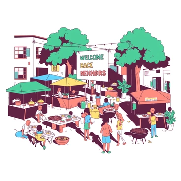 A vibrant community block party is taking place on a sunny day. In the center, there is a large "Welcome Back Neighbors" poster decorated with colorful letters hanging between two trees. Surrounding the area, several food stalls are set up, each adorned with bright awnings in different colors. The stalls feature a variety of food options, including a teal stall selling tacos, a yellow stall offering fresh lemonade, and an orange stall with a barbecue grill. Neighbors are gathered together, chatting and enjoying the festive atmosphere. Children are playing nearby, while tables filled with homemade dishes and treats create a welcoming and communal vibe.