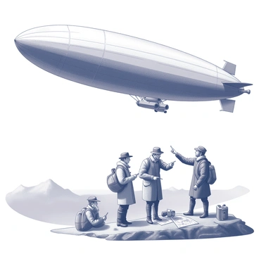 An airship floating gracefully in the sky, showcasing its large, elongated shape and a prominent gas envelope. Below the airship, a group of explorers is gathered on a rugged terrain, wearing vintage expedition clothing such as woolen coats and sturdy boots. They are examining various equipment, including compasses, maps, and binoculars. In the background, the landscape features distant mountains and a vast expanse of wilderness, indicating the remote setting of the expedition. The explorers are engaged in conversation, pointing towards the horizon and discussing their findings.